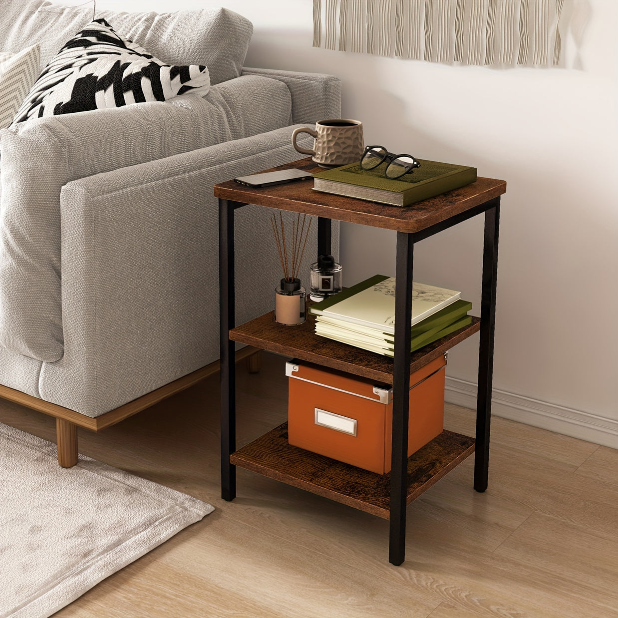 Rustic Industrial Side Table – 3-Tier Nightstand for Living Room & Bedroom