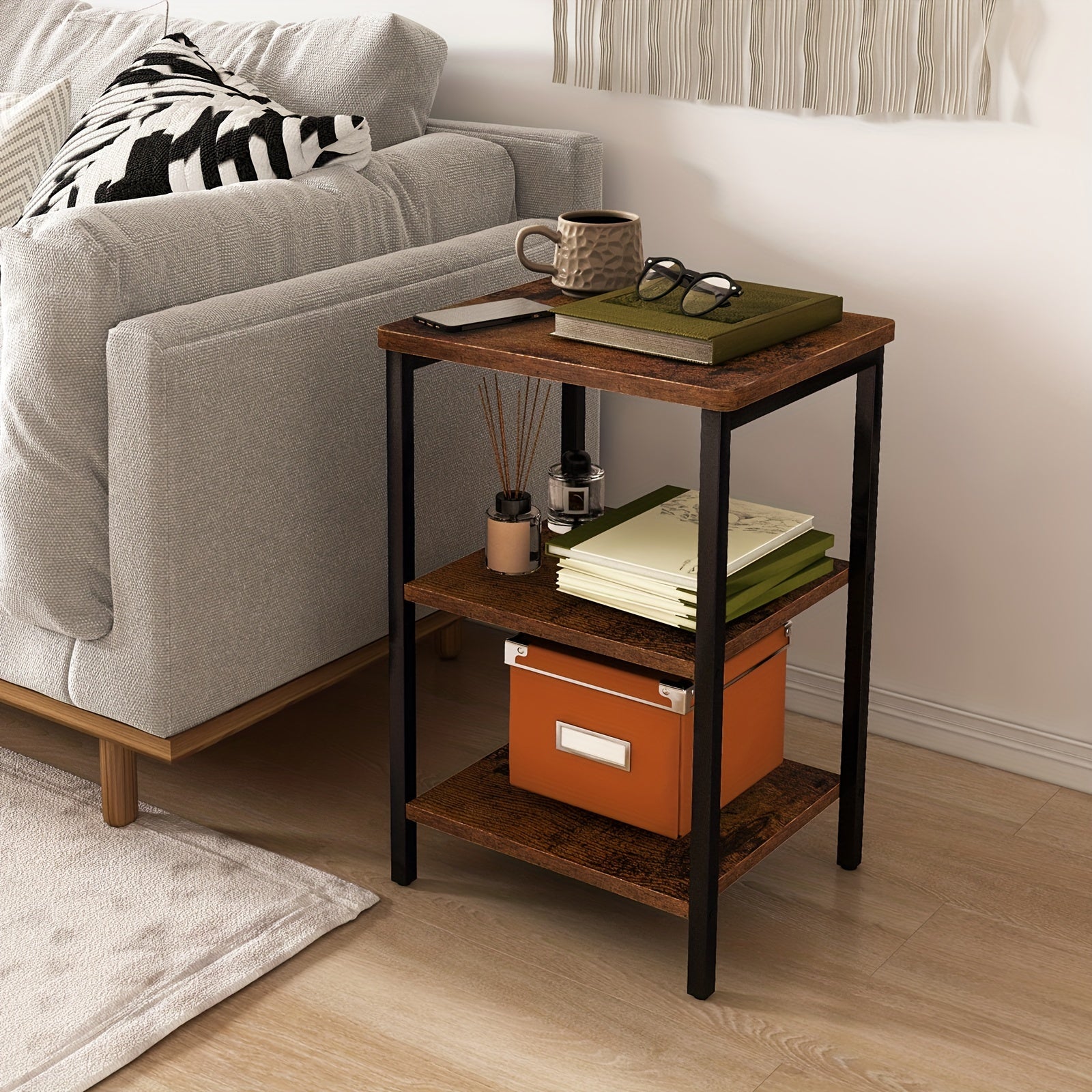 Rustic Industrial Side Table – 3-Tier Nightstand for Living Room & Bedroom