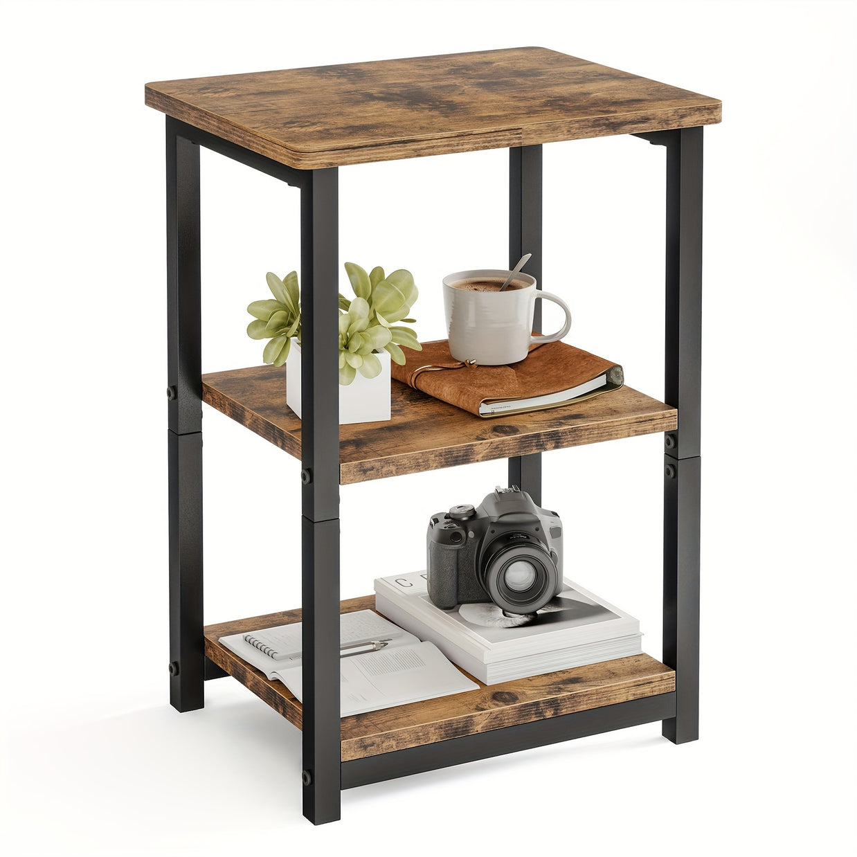Rustic Industrial Side Table – 3-Tier Nightstand for Living Room & Bedroom