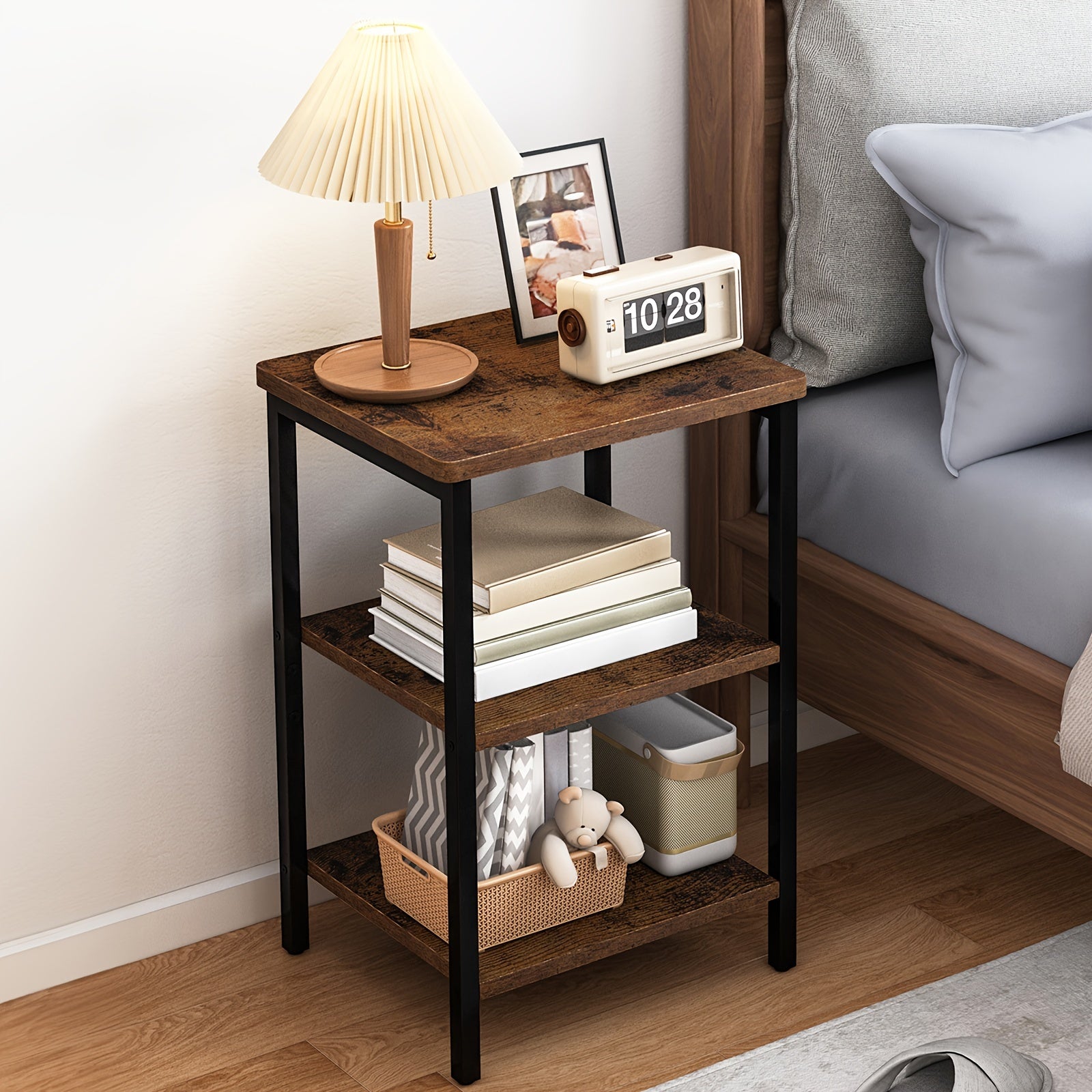 Rustic Industrial Side Table – 3-Tier Nightstand for Living Room & Bedroom