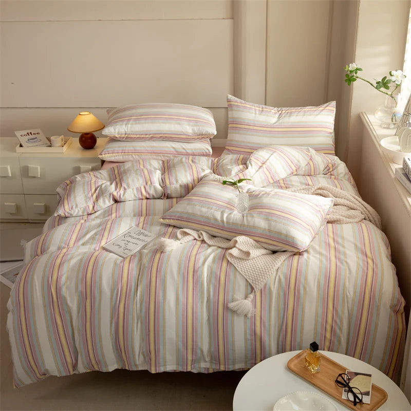 Striped Washed Cotton Duvet Cover Set – Soft Luxury Bedding (3-Piece, Queen Size)