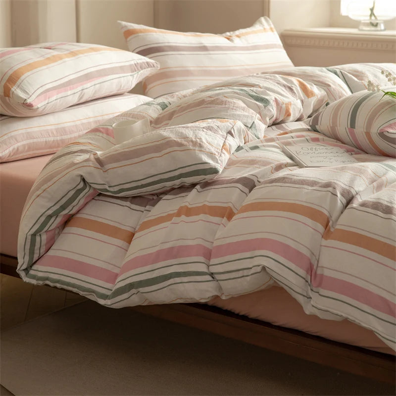 Striped Washed Cotton Duvet Cover Set – Soft Luxury Bedding (3-Piece, Queen Size)