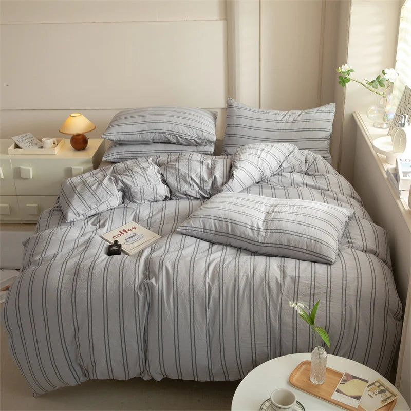 Striped Washed Cotton Duvet Cover Set – Soft Luxury Bedding (3-Piece, Queen Size)