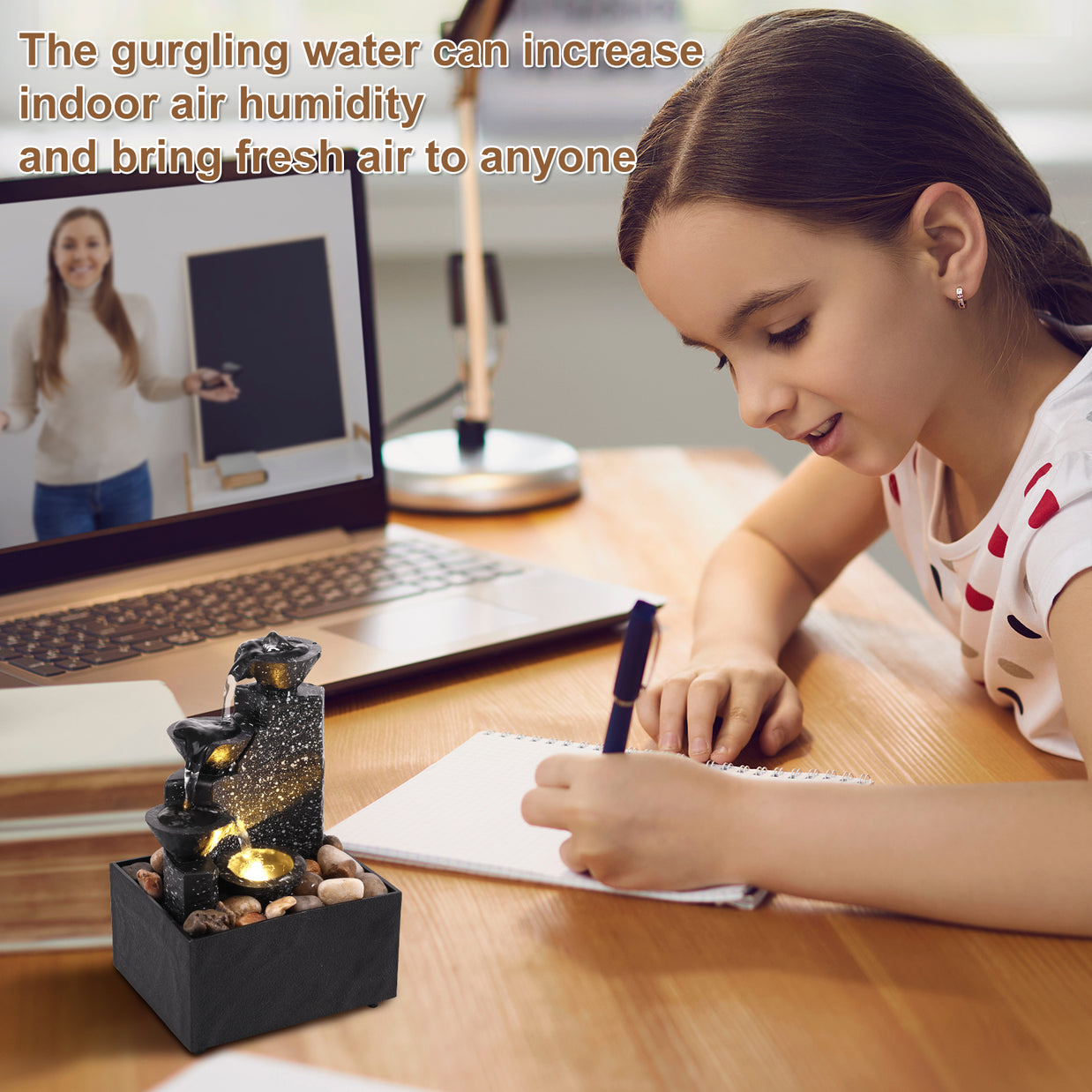 Tabletop Waterfall Fountain – Mini Desktop Flowing Water Decor with Soft Lights
