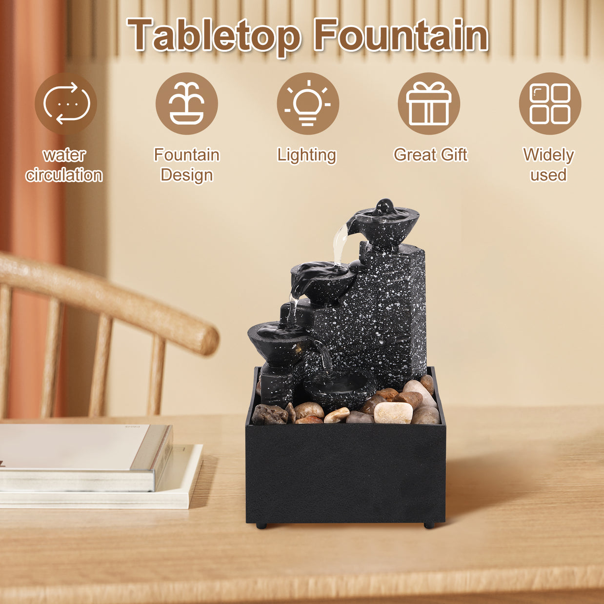 Tabletop Waterfall Fountain – Mini Desktop Flowing Water Decor with Soft Lights