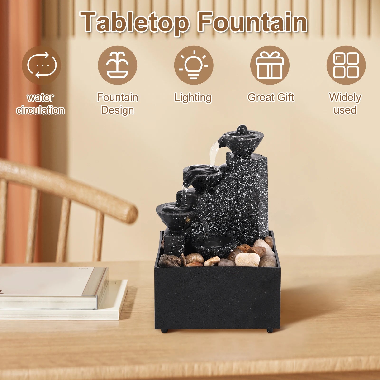 Tabletop Waterfall Fountain – Mini Desktop Flowing Water Decor with Soft Lights