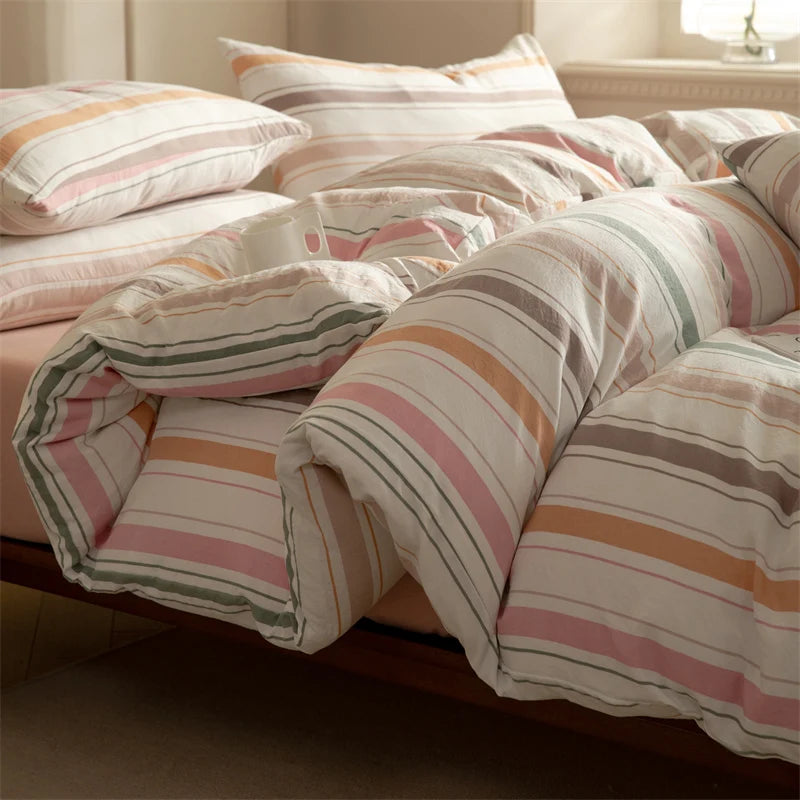 Striped Washed Cotton Duvet Cover Set – Soft Luxury Bedding (3-Piece, Queen Size)