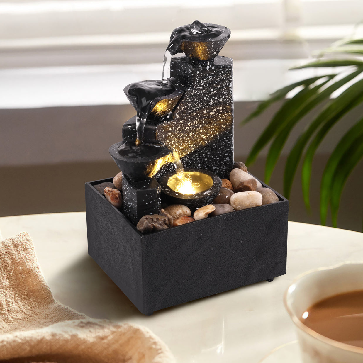 Tabletop Waterfall Fountain – Mini Desktop Flowing Water Decor with Soft Lights