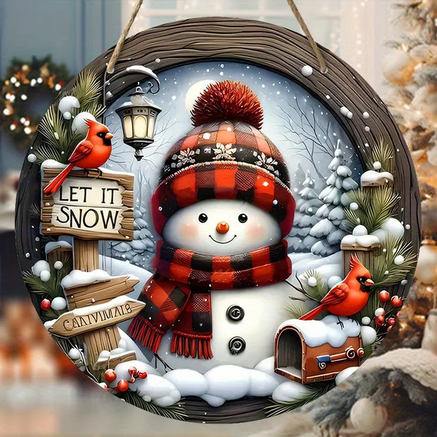 Christmas Snowman Cardinal Wooden Sign 2D Relief Effect of Christmas Round Sign for Front Door Wall Hanging Decor Ideal Xmas