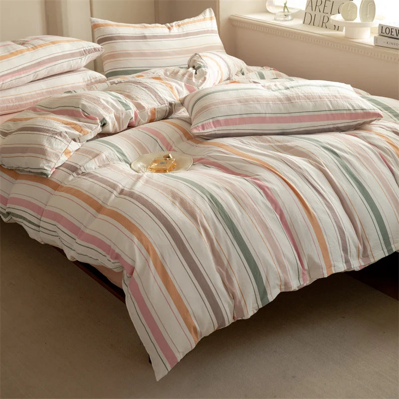 Striped Washed Cotton Duvet Cover Set – Soft Luxury Bedding (3-Piece, Queen Size)