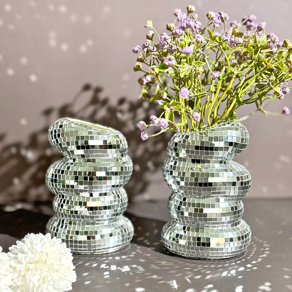 Disco Ball Glass Vase – Modern Silver Mirror Flower Planter