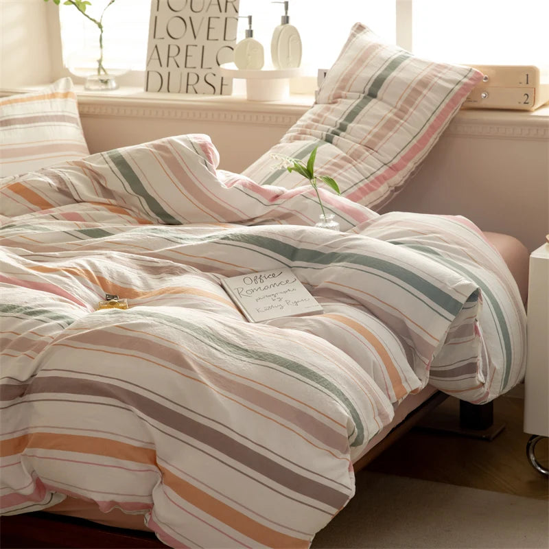 Striped Washed Cotton Duvet Cover Set – Soft Luxury Bedding (3-Piece, Queen Size)