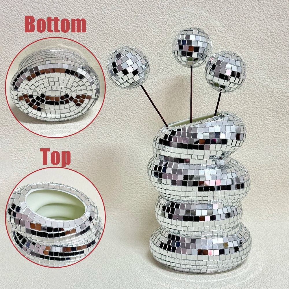 Disco Ball Glass Vase – Modern Silver Mirror Flower Planter
