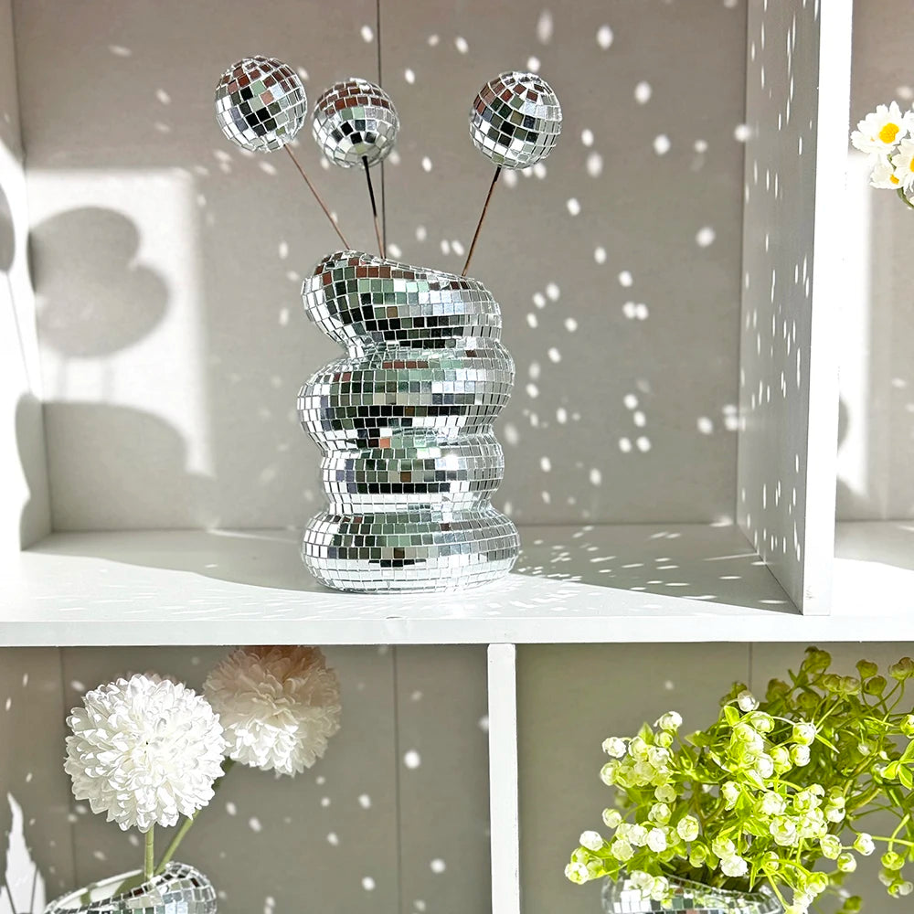 Disco Ball Glass Vase – Modern Silver Mirror Flower Planter
