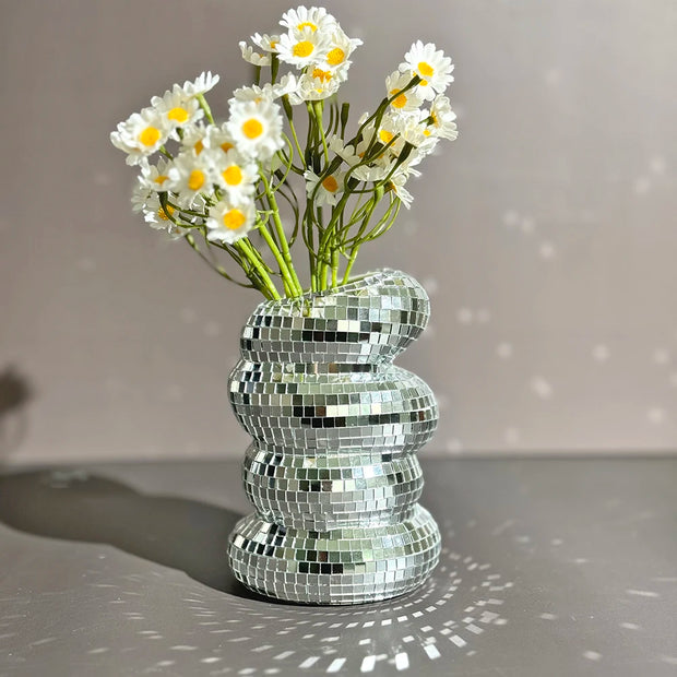 Disco Ball Glass Vase – Modern Silver Mirror Flower Planter