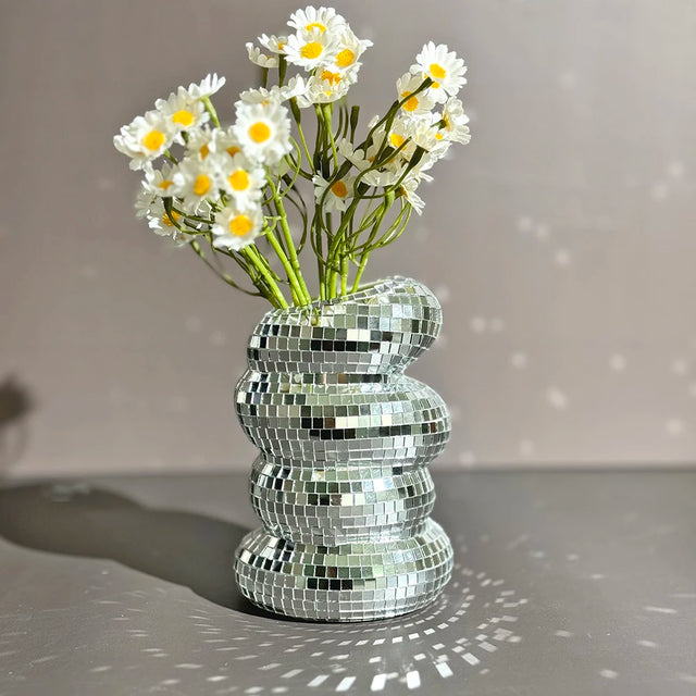 Disco Ball Glass Vase – Modern Silver Mirror Flower Planter