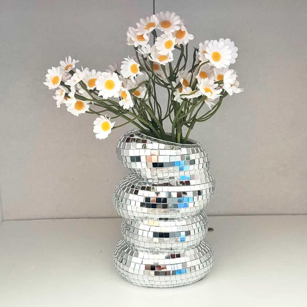 Disco Ball Glass Vase – Modern Silver Mirror Flower Planter