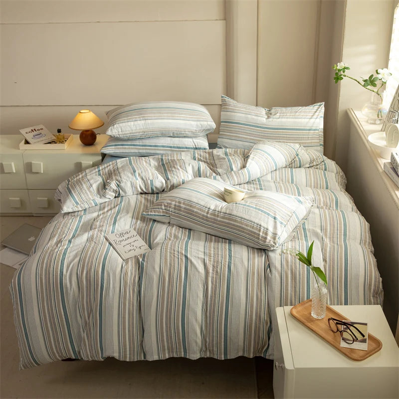 Striped Washed Cotton Duvet Cover Set – Soft Luxury Bedding (3-Piece, Queen Size)