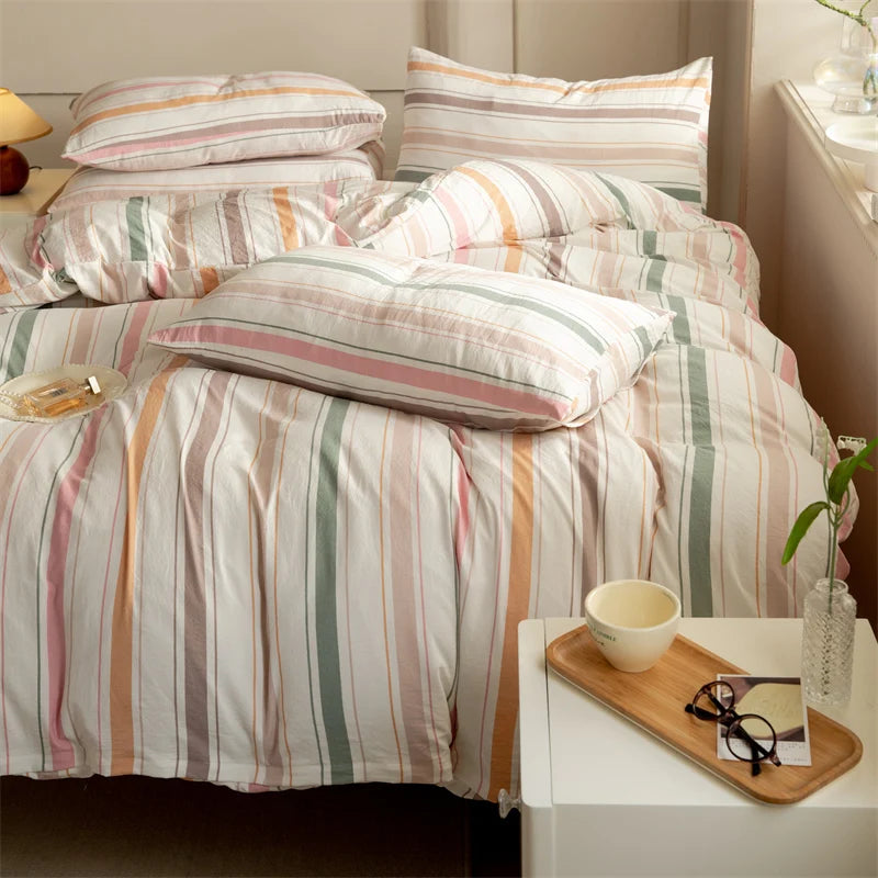 Striped Washed Cotton Duvet Cover Set – Soft Luxury Bedding (3-Piece, Queen Size)