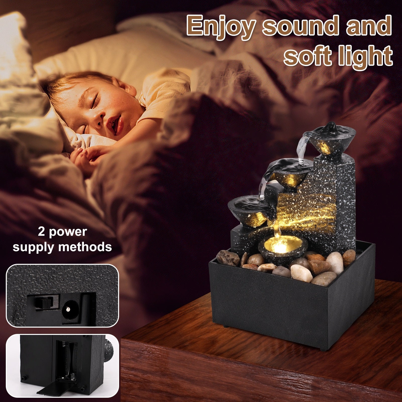 Tabletop Waterfall Fountain – Mini Desktop Flowing Water Decor with Soft Lights