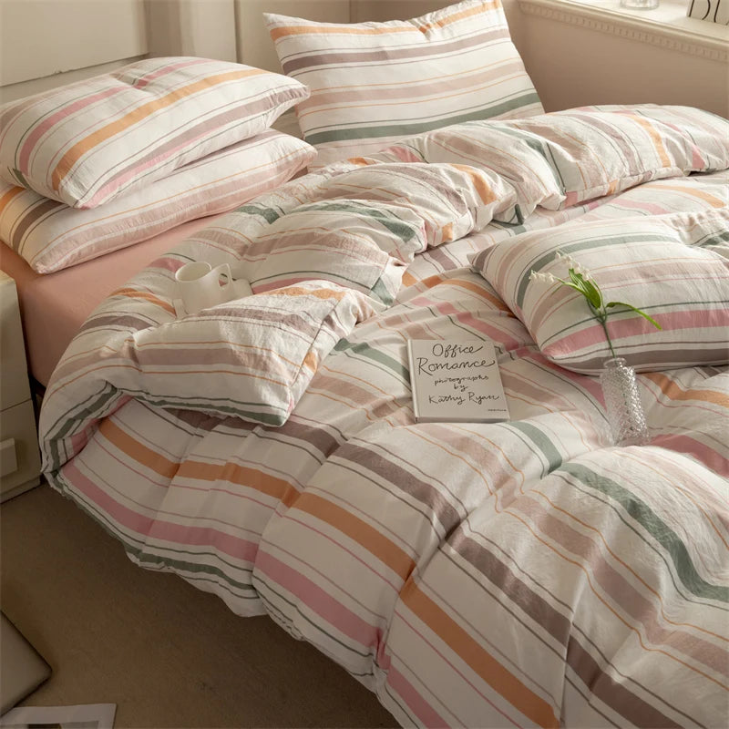 Striped Washed Cotton Duvet Cover Set – Soft Luxury Bedding (3-Piece, Queen Size)