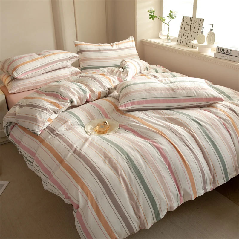 Striped Washed Cotton Duvet Cover Set – Soft Luxury Bedding (3-Piece, Queen Size)