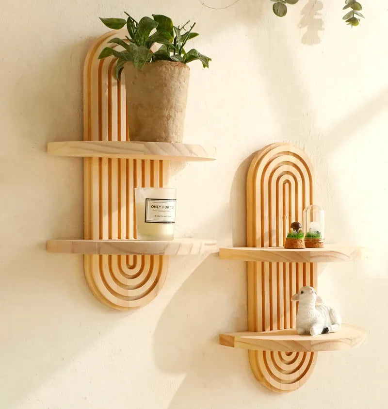 Boho Wooden Wall Shelves – Modern Home Decor Storage Rack