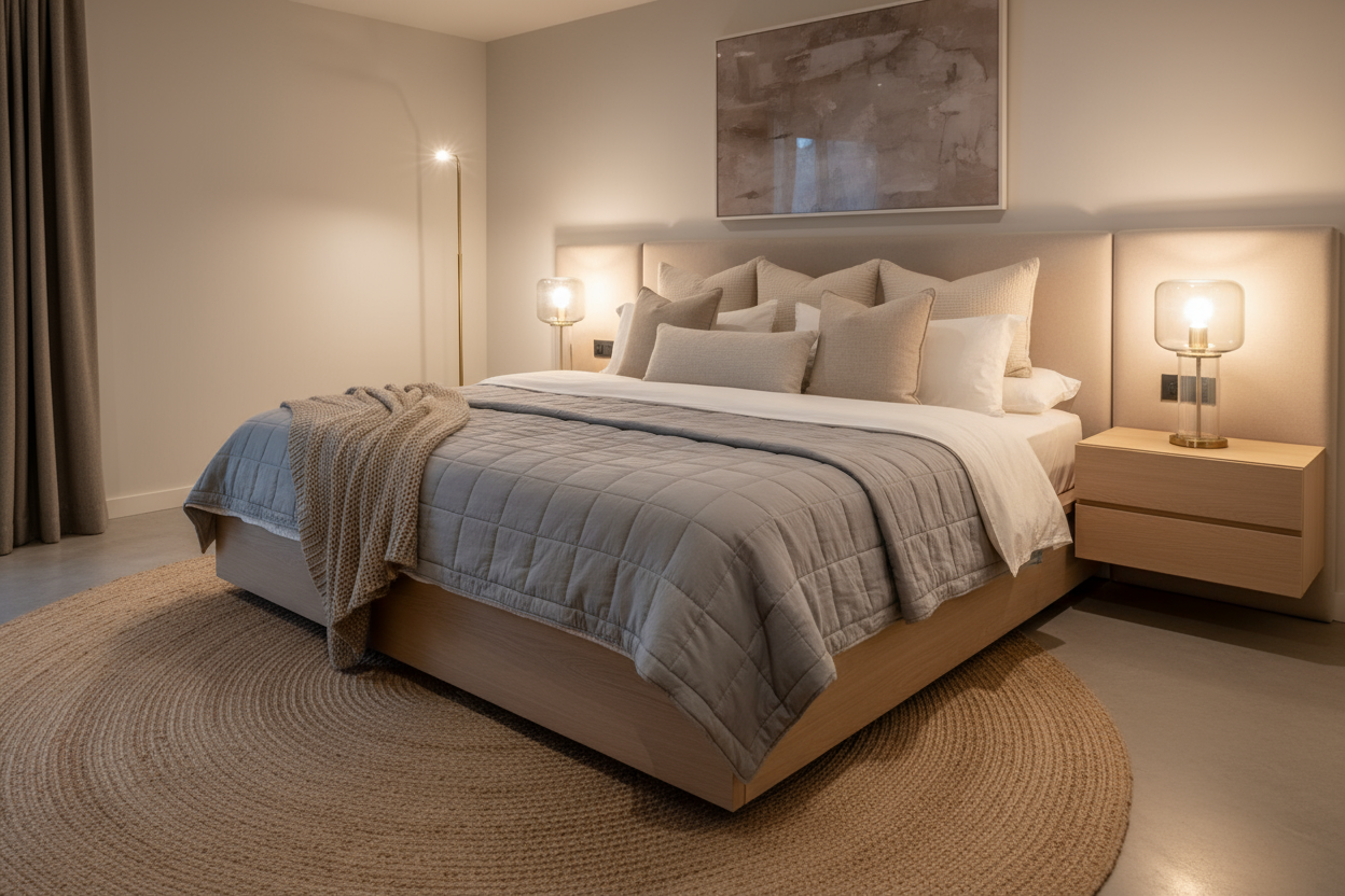 A cozy and luxurious bedroom scene featuring a neatly made bed with a plush comforter and duvet set in soft, neutral tones. Include fluffy pillows, warm lighting, and a stylish modern bedroom interior with minimalistic decor. Emphasize comfort, elegance, and a relaxing, inviting atmosphere. No text, logos, or branding on the image