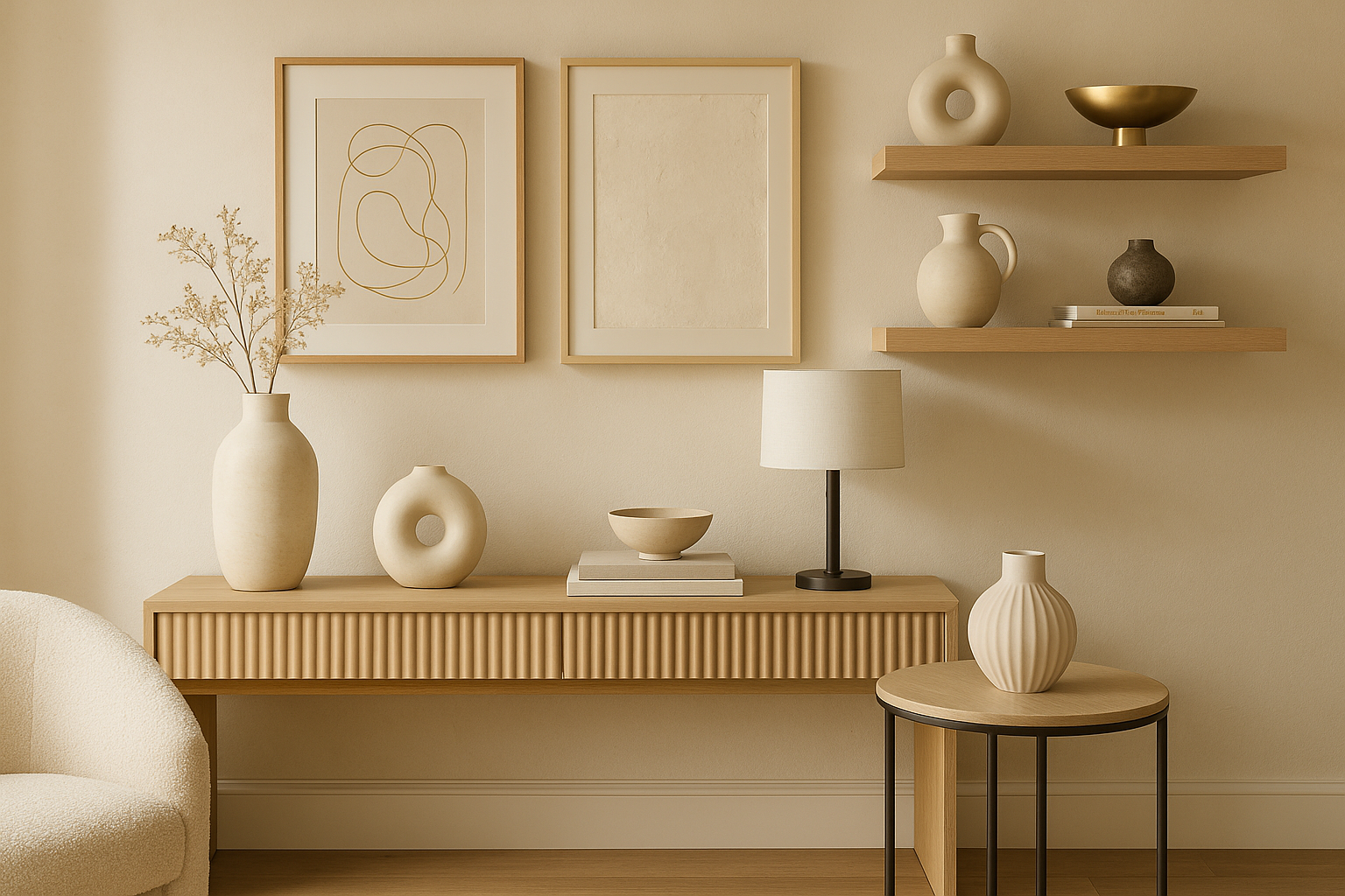 A realistic, front-facing photograph of a beautifully styled home interior showcasing best-selling home décor items — including elegant vases, framed wall art, modern side tables, and decorative pieces arranged on shelves and a console table. The scene features warm natural lighting, soft neutral tones like beige, cream, and light wood, with subtle gold or matte black accents for a touch of luxury. The composition should feel balanced and inviting, with a sense of modern elegance and everyday comfort.