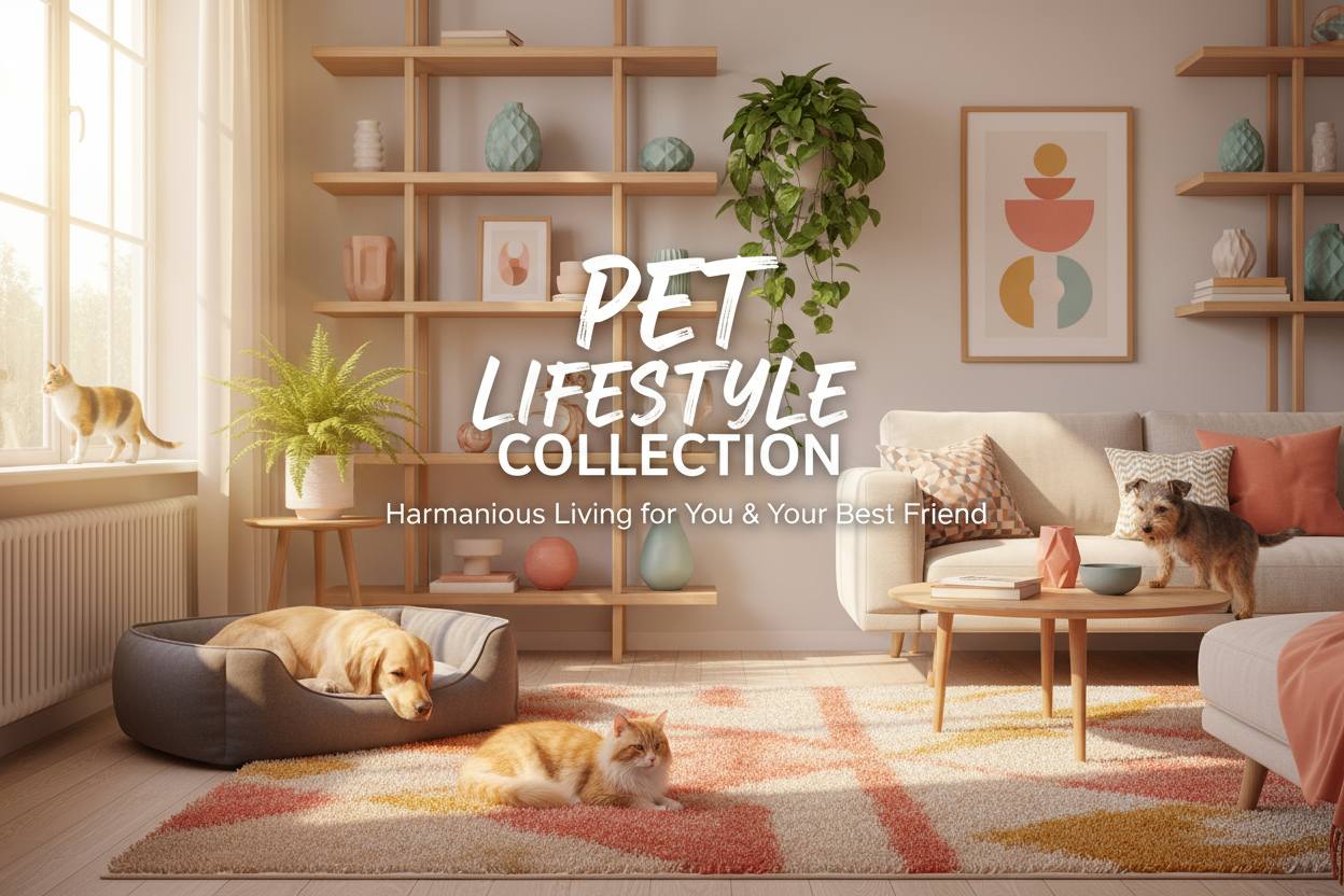 Create a colorful and vibrant banner for a Shopify collection ‘Pet Lifestyle’. The store specializes in home decor and accessories. Show a cozy, stylish home interior with elegant furniture, shelves, and decorative items. Include pets such as cats and dogs naturally interacting with the environment—on rugs, beds, or near decor items. Use bright, cheerful colors and soft, warm lighting to create a lively, welcoming atmosphere. Emphasize a harmonious blend of stylish home decor and playful pet lifestyle.