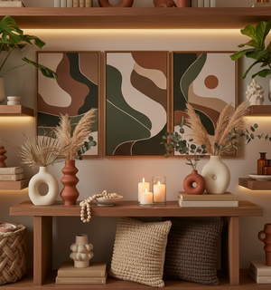 Create a cozy, elegant home décor scene in warm beige and earthy tones with rich, natural colors — soft browns, muted terracotta, olive green, and warm amber lighting. Include stylish Nuvorra Living–style elements such as accent pillows, candles, ceramic vases, table décor, woven baskets, wall art, and indoor plants. The setting should feel vibrant yet soothing, full of warmth and life, representing a refined home lifestyle brand.

Do not include any text or furniture such as couches in the image.