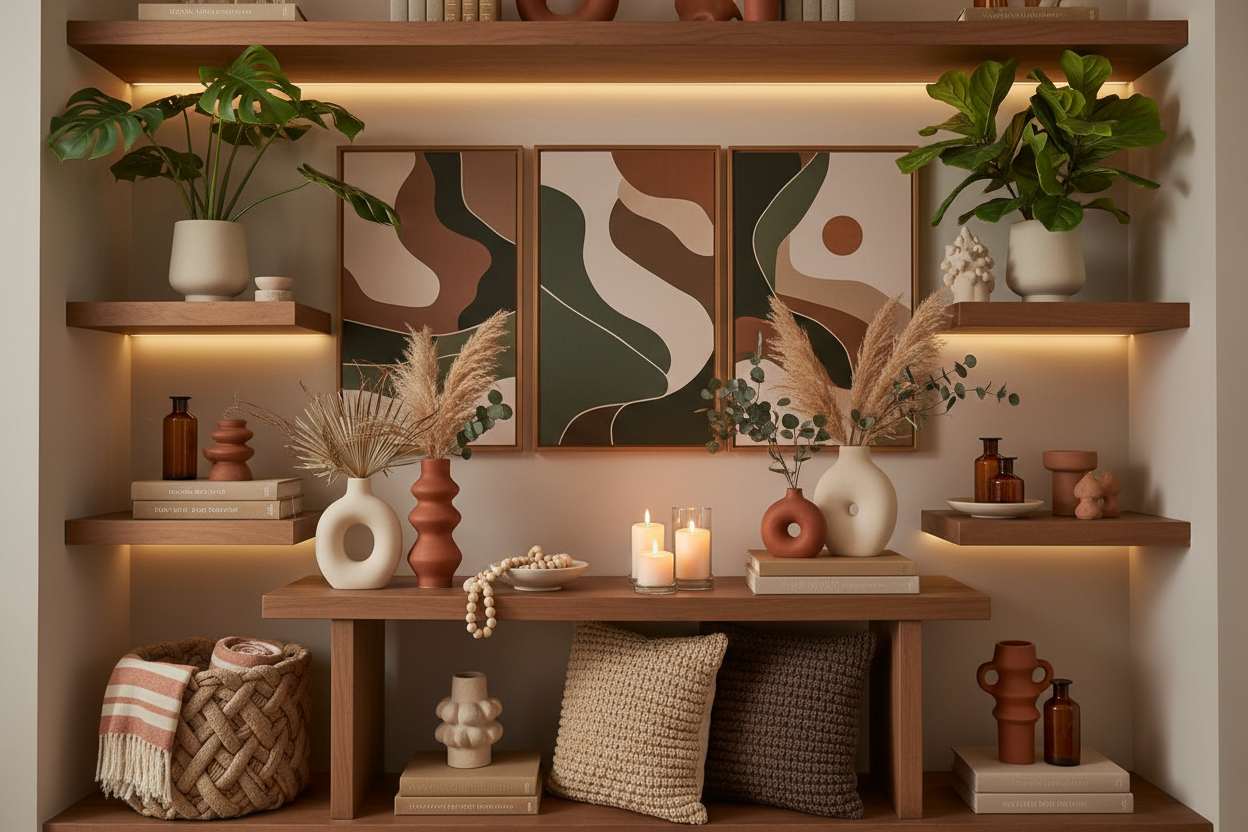 Create a cozy, elegant home décor scene in warm beige and earthy tones with rich, natural colors — soft browns, muted terracotta, olive green, and warm amber lighting. Include stylish Nuvorra Living–style elements such as accent pillows, candles, ceramic vases, table décor, woven baskets, wall art, and indoor plants. The setting should feel vibrant yet soothing, full of warmth and life, representing a refined home lifestyle brand.

Do not include any text or furniture such as couches in the image.