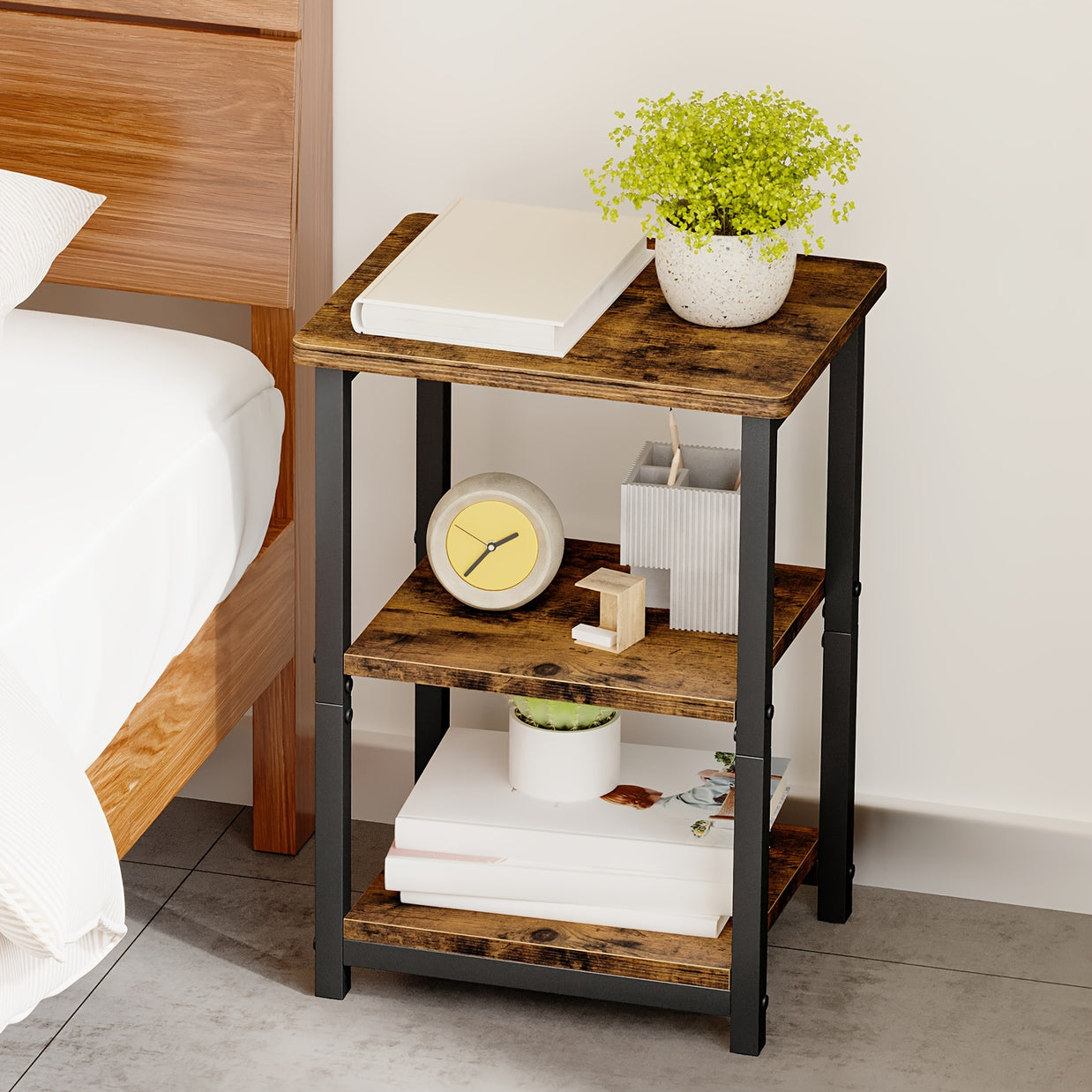 Rustic Industrial Side Table – 3-Tier Nightstand for Living Room & Bedroom